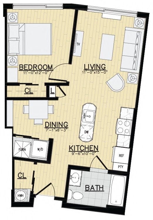 Floor plan for 1 bed, 1 bath, 643 sqft